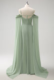 Light Green Cold Shoulder Detachable Sleeves A Line Chiffon Maxi Bridesmaid Dress
