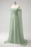 Light Green Cold Shoulder Detachable Sleeves A Line Chiffon Maxi Bridesmaid Dress
