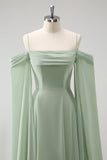 Light Green Cold Shoulder Detachable Sleeves A Line Chiffon Maxi Bridesmaid Dress
