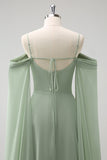 Light Green Cold Shoulder Detachable Sleeves A Line Chiffon Maxi Bridesmaid Dress