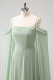 Light Green Cold Shoulder Detachable Sleeves A Line Chiffon Maxi Bridesmaid Dress