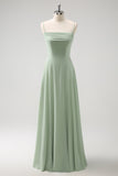 Light Green Cold Shoulder Detachable Sleeves A Line Chiffon Maxi Bridesmaid Dress