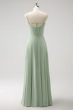 Light Green Cold Shoulder Detachable Sleeves A Line Chiffon Maxi Bridesmaid Dress