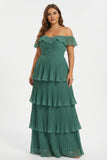 Off the Shoulder Tiered Ruffled Plus Size Eucalyptus Bridesmaid Dress