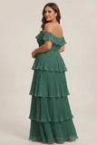 Off the Shoulder Tiered Ruffled Plus Size Eucalyptus Bridesmaid Dress