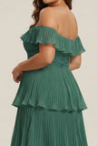 Off the Shoulder Tiered Ruffled Plus Size Eucalyptus Bridesmaid Dress