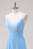 A Line Spaghetti Straps Chiffon Ruffles Blue Bridesmaid Dress