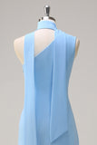 Blue One Shoulder Sheath Tea-Length Dress with Ribbon