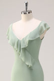 Dusty Sage V Neck Ruffled Sheath Bridesmaid Dress