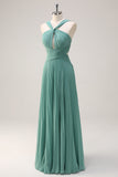 Eucalyptus Pleated Criss Cross Keyhole Bridesmaid Dress
