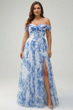 Off the Shoulder Floral White Blue Corset Plus Size Prom Dress
