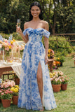 White Blue Flower Corset Off the Shoulder Maxi Dress