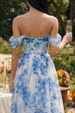 White Blue Flower Corset Off the Shoulder Maxi Dress
