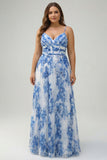 White Blue Floral A Line Pleated Plus Size Prom Dress