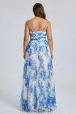 White Blue Floral A Line Pleated Plus Size Prom Dress