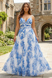 White Blue Floral A Line Pleated Plus Size Prom Dress