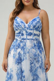 White Blue Floral A Line Pleated Plus Size Prom Dress