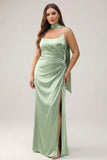 Sage Sheath Satin Plus Size Maxi Bridesmaid Dress