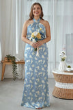 Halter Blue White Floral Plus Size Sheath Bridesmaid Dress