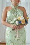 Sage White Floral Halter Plus Size Sheath Bridesmaid Dress