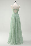 Floral Dusty Sage A Line Cut Out Bridesmaid Dress with Slit