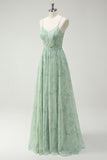 Floral Dusty Sage A Line Cut Out Bridesmaid Dress with Slit