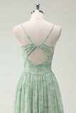 Floral Dusty Sage A Line Cut Out Bridesmaid Dress with Slit