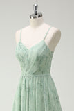 Floral Dusty Sage A Line Cut Out Bridesmaid Dress with Slit