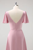 Pink A Line Ruffle V Neck Satin Maxi Bridesmaid Dress with Short Sleeves