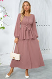 Dusty Rose A Line Tiered Chiffon Tea Length Dress with Long Sleeves