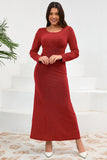 Red Mermaid Scoop Neck Maxi Wedding Guest Dress with Long Sleeves