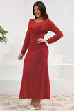 Red Mermaid Scoop Neck Maxi Wedding Guest Dress with Long Sleeves