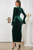 Peacock Blue Mermaid Velvet Long Sleeves Wedding Guest Dress with Slit