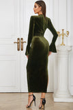Peacock Blue Mermaid Velvet Long Sleeves Wedding Guest Dress with Slit