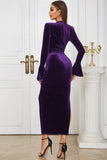 Peacock Blue Mermaid Velvet Long Sleeves Wedding Guest Dress with Slit