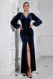 Puff Sleeves Dark Blue Ruched Long Velvet Dress with Slit