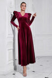 A Line V Neck Burgundy Ruffled Long Velvet Dress