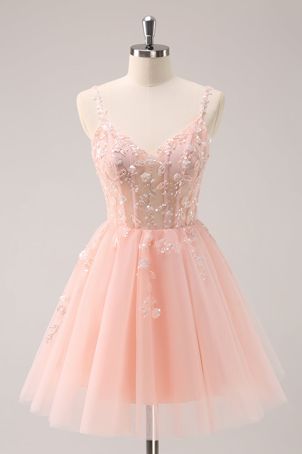 Berylove Women Cute A Line Blush Sequined Corset Homecoming Dress Spaghetti Straps Lace-up Back Mini Party Dress Berylove Women Cute A Line Blush Sequined Corset Homecoming Dress Spaghetti Straps Lace-up Back Mini Party Dress