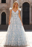 A Line Light Blue Floral Maxi Prom Dress