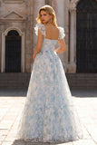 A Line Light Blue Floral Maxi Prom Dress