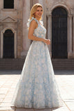 A Line Light Blue Floral Maxi Prom Dress