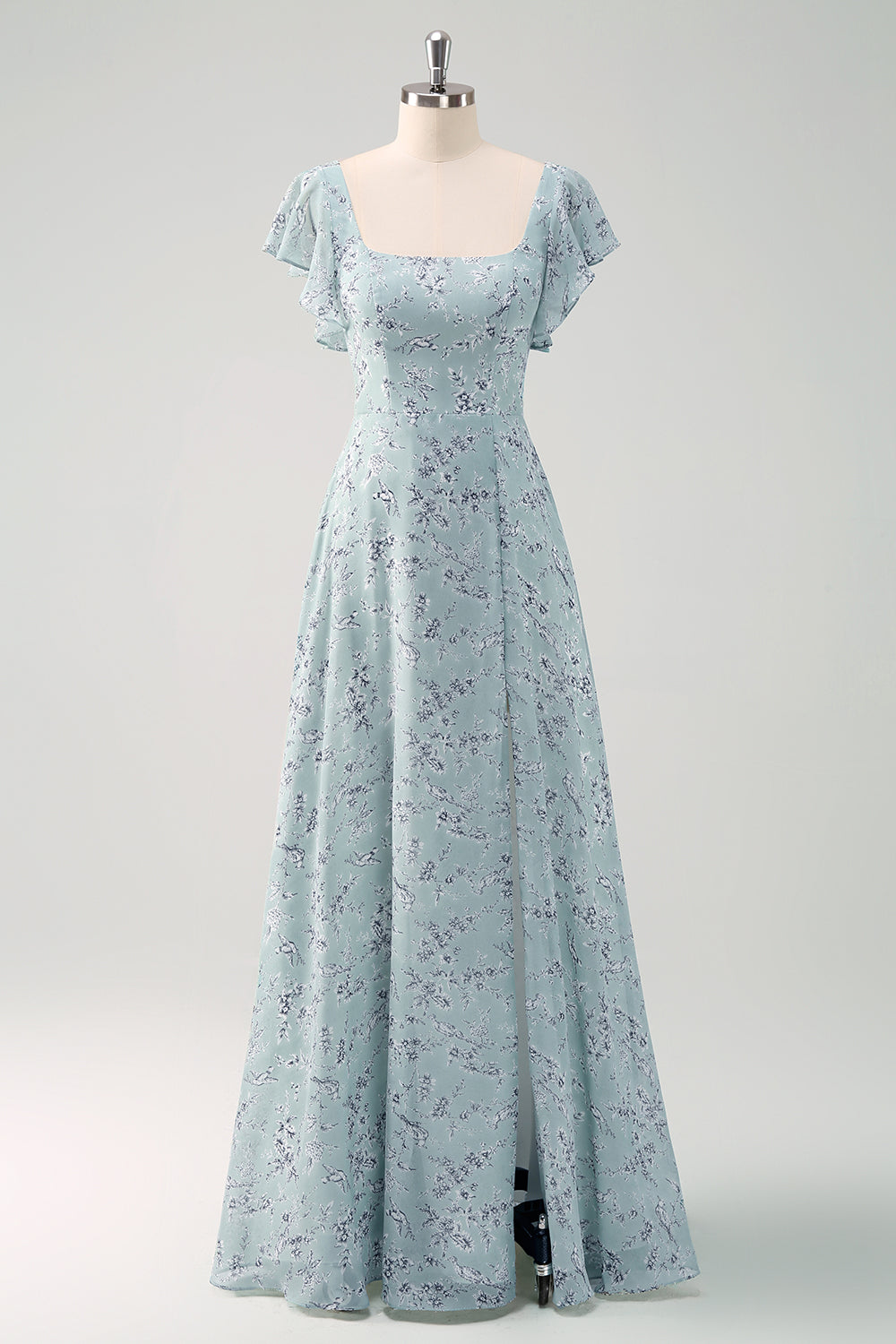 Berylove Women Grey Green A Line Bridesmaid Dress with Slit Square Neck Floral Maxi Dress with Ruffles, Grey Green / custom Berylove Women Grey Green A Line Bridesmaid Dress with Slit Square Neck Floral Maxi Dress with Ruffles, Grey Green / custom