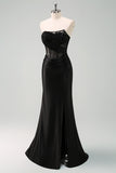 Black Corset Strapless Satin Mermaid Maxi Dress