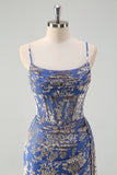 Blue Mermaid Burnout Velvet Corset Prom Dress with Slit
