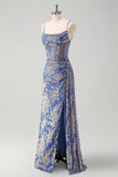 Blue Mermaid Burnout Velvet Corset Prom Dress with Slit