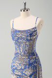 Blue Mermaid Burnout Velvet Corset Prom Dress with Slit