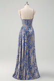 Blue Mermaid Burnout Velvet Corset Prom Dress with Slit
