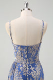 Blue Mermaid Burnout Velvet Corset Prom Dress with Slit