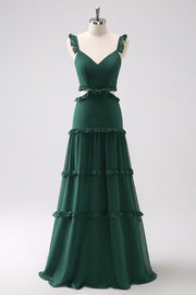 Dark Green A Line Hollow Out Ruffled Maxi Bridesmaid Dress