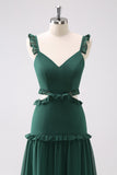 Dark Green A Line Hollow Out Ruffled Maxi Bridesmaid Dress